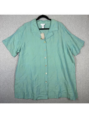 Brand New Avenue Women's Size 18/20 Plus Green Linen Blend Button Down Shirt Top